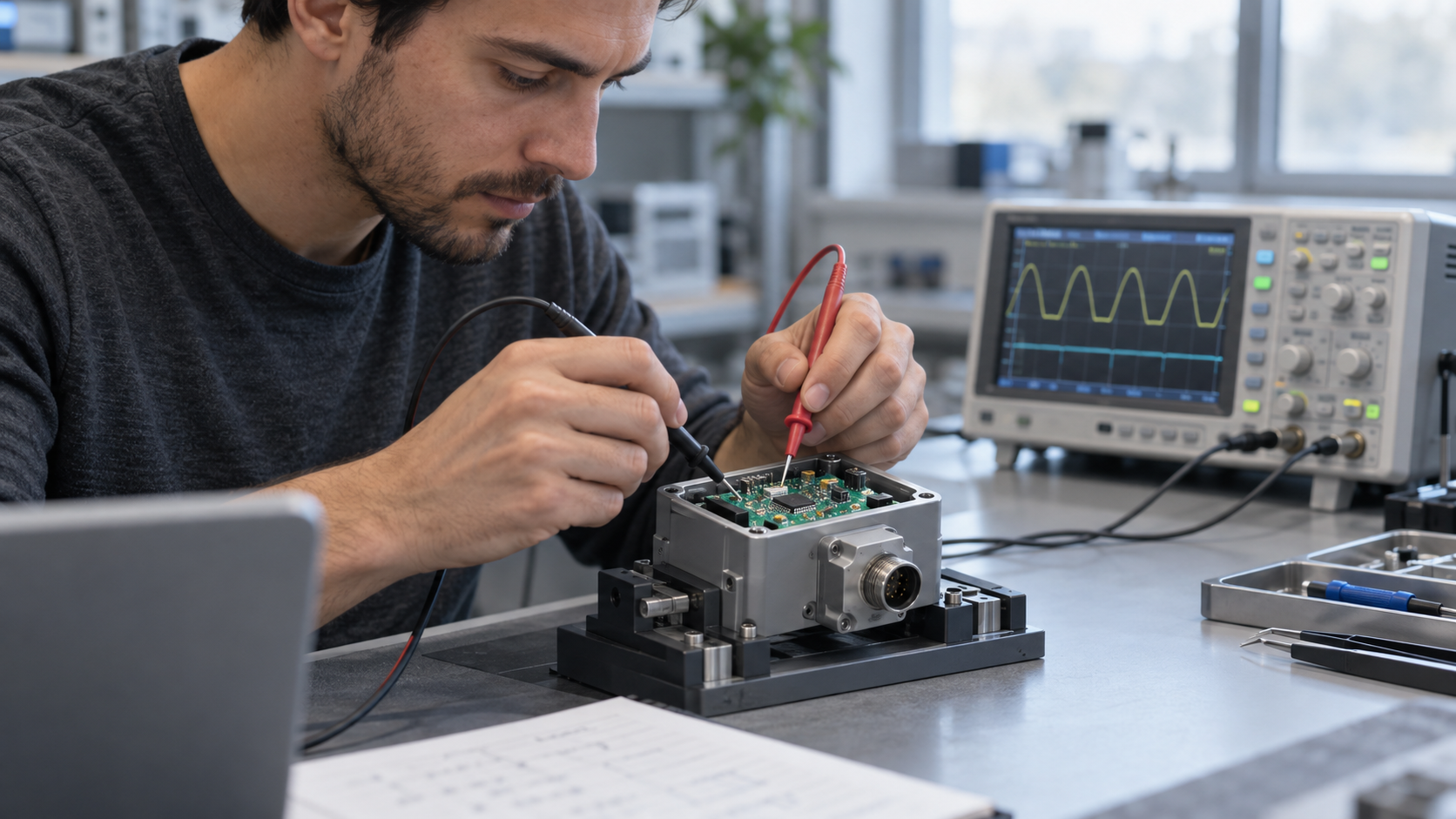 Conceptual scene of an engineer testing a circuit board with electronic instruments.