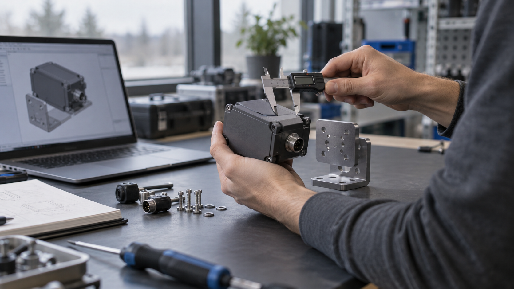 Conceptual scene of an engineer checking a sensor enclosure beside a CAD model.