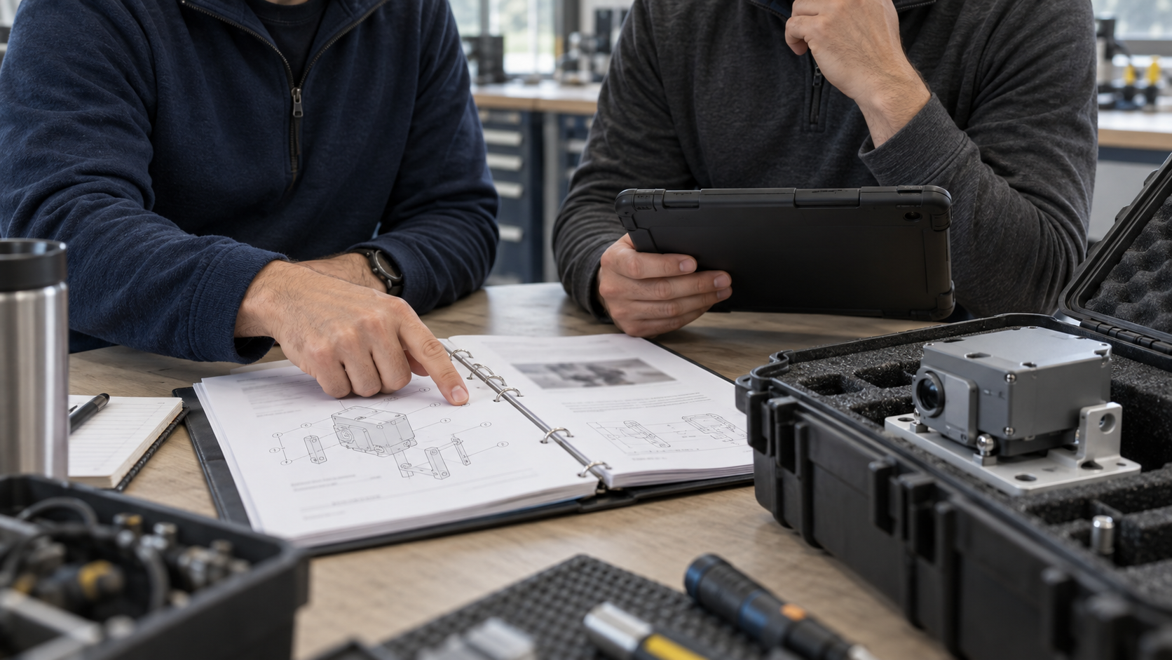 Conceptual scene of colleagues reviewing technical documentation and completed equipment.