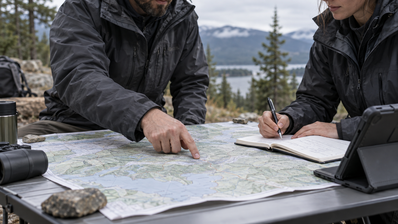 Conceptual scene of colleagues planning field operations with a map and notebook.