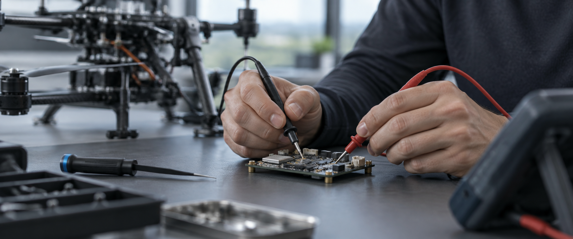 Conceptual engineering scene showing hands testing a circuit board beside an uncrewed aircraft frame.